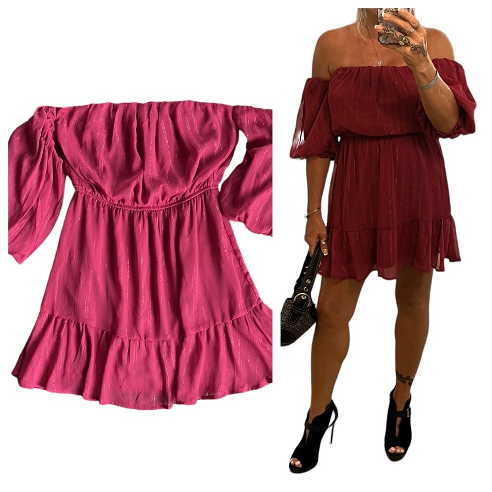 FRANCESCA'S
Jillie Lurex Off The Shoulder Mini Dress